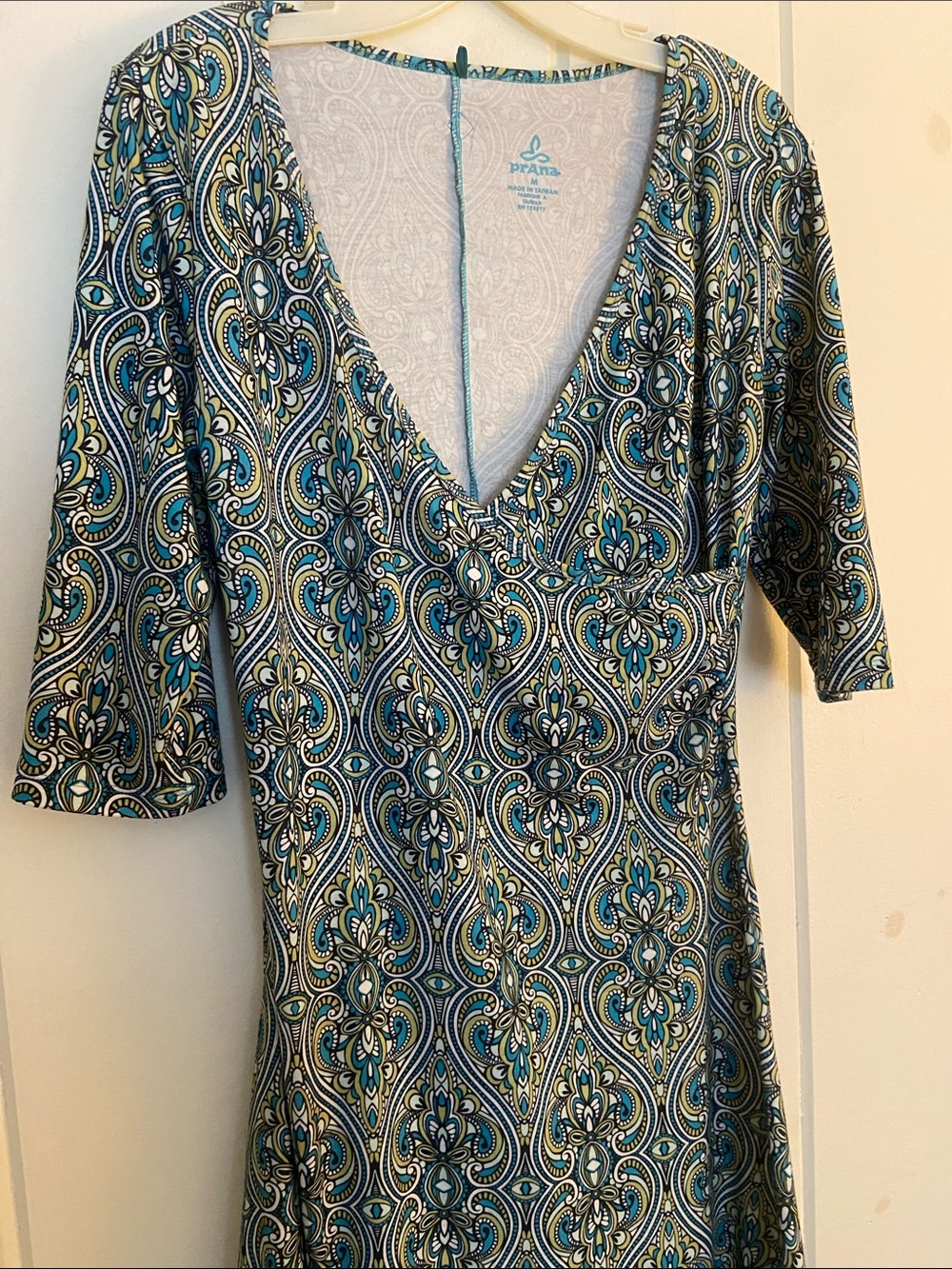 Prana Teal & Blue Paisley V-Neck Dress with Fitted Waist
